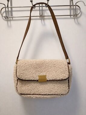 Cream Sherpa Shoulder Bag with Brown Strap
